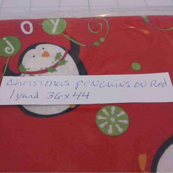 FABRIC Christmas Penguins on Red Background 1 Yard 44 x 36 Cotton - Picture 3 of 4